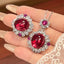 Oval Flower Red Blue Gemstone Silver Cubic Zirconia Anti Tarnish Pendant Chain Ring Set For Women