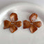 Four Petal Wood Finish Flower CZ Gold Anti Tarnish Stud Earring Bulk