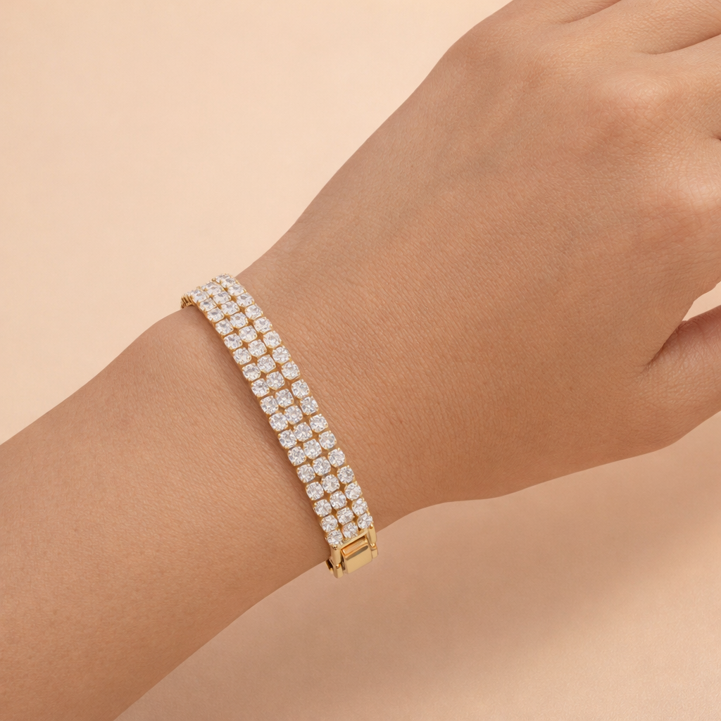 Wholesale Double Strand Round Cut Gold Silver Plated CZ Copper Bracelet
