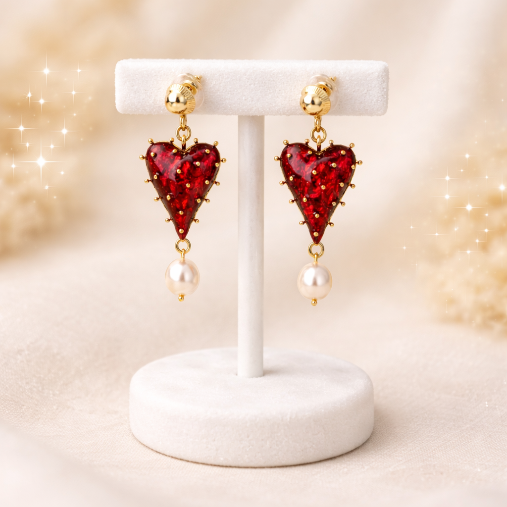Trendy Red Heart Gold Resin Pearl Dangler Earrings For Women Wholesale