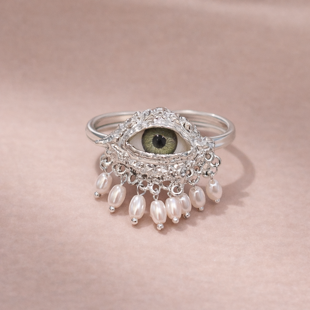 Wholesale Green Evil Eye Gold Silver Pearl Beads Adjustable Fancy Ring