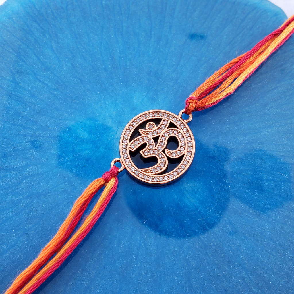 Om Symbol Rose Gold Plated CZ Red Orange Thread Rakhi For Men Wholesale