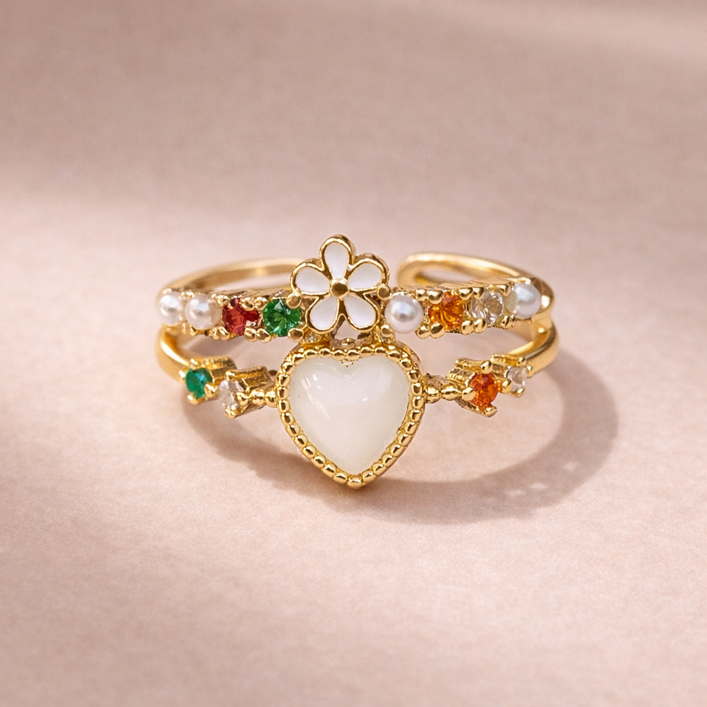 Bulk Green Pink White Heart Flower Gold CZ Adjustable Fancy Ring