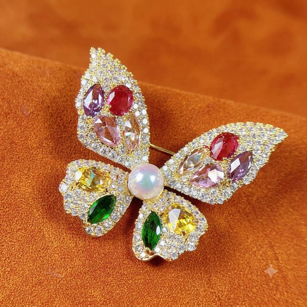 Multi Color Butterfly Gold CZ Pearl Copper Anti Tarnish Brooch Bulk