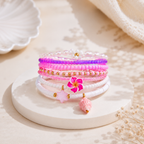 Pink White Flower Shell Layered Gold Plated Pearl Beads Bracelet Bulk