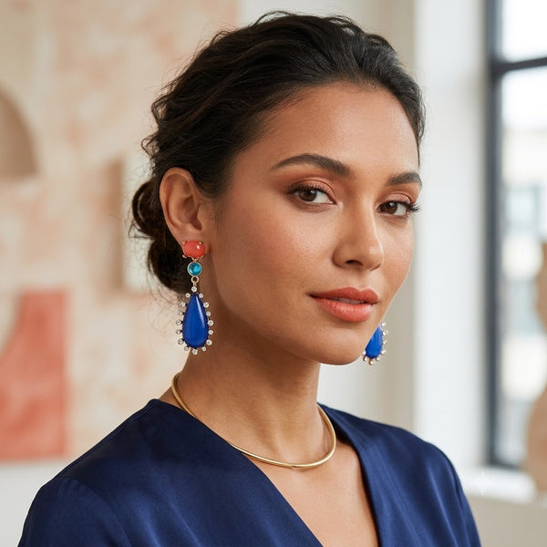 Multi Color Gemstone Gold Plated White CZ Teardrop Dangler Earrings Bulk Secondary image