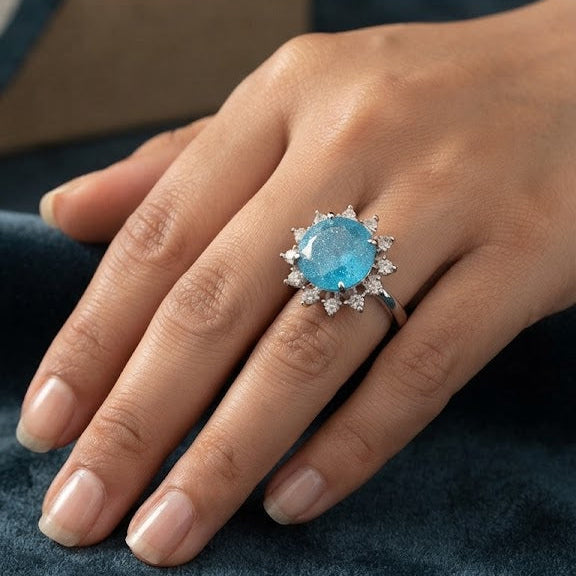 Elegant Oval Blue Silver Plated CZ Copper Stud Earrings & Ring Set Bulk