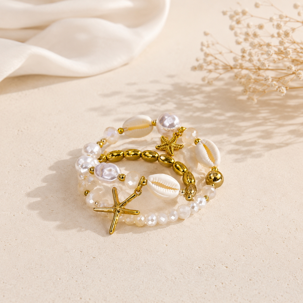 Designer Coastal White Shell Layered Gold Pearl Beads Bracelet Bulk