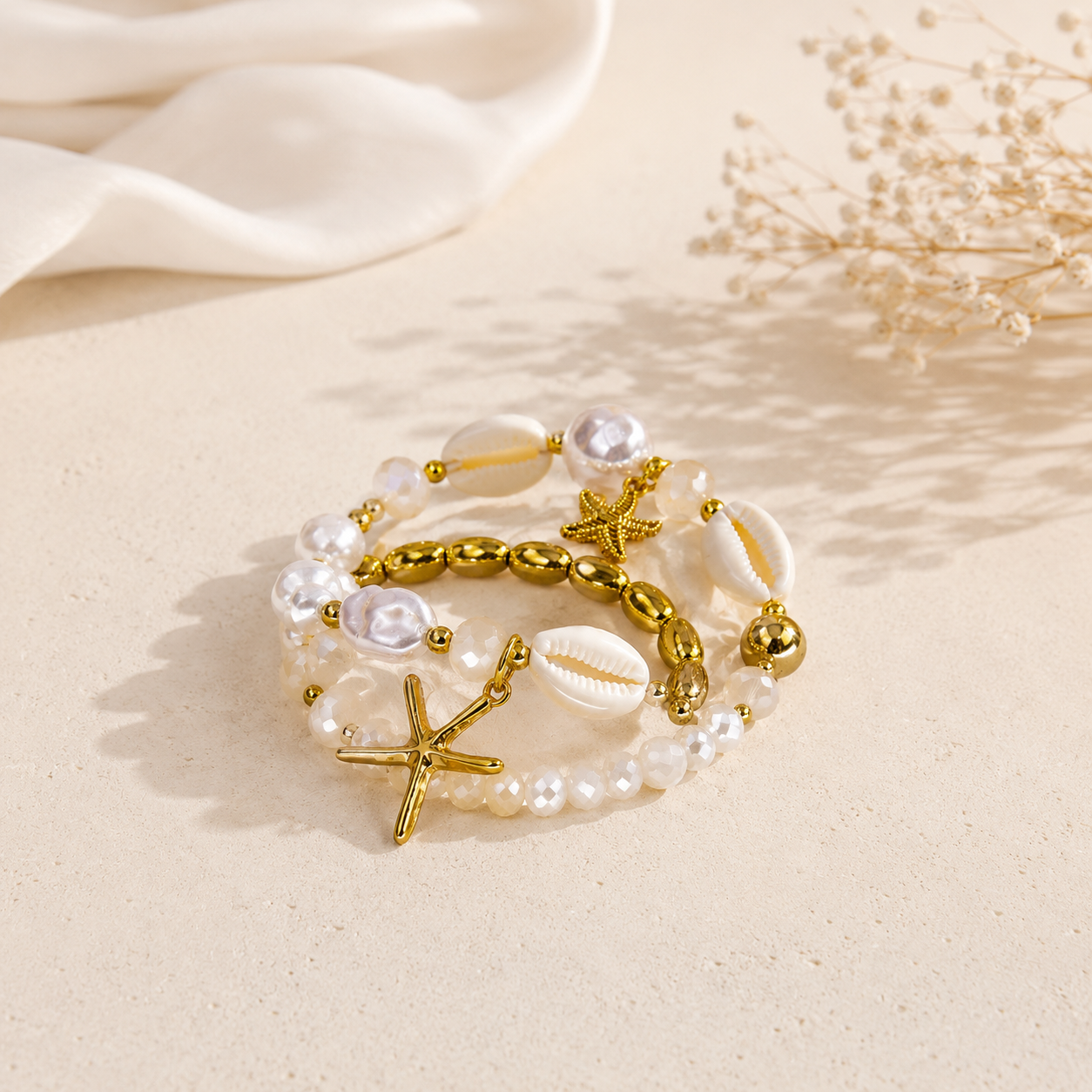 Designer Coastal White Shell Layered Gold Pearl Beads Bracelet Bulk
