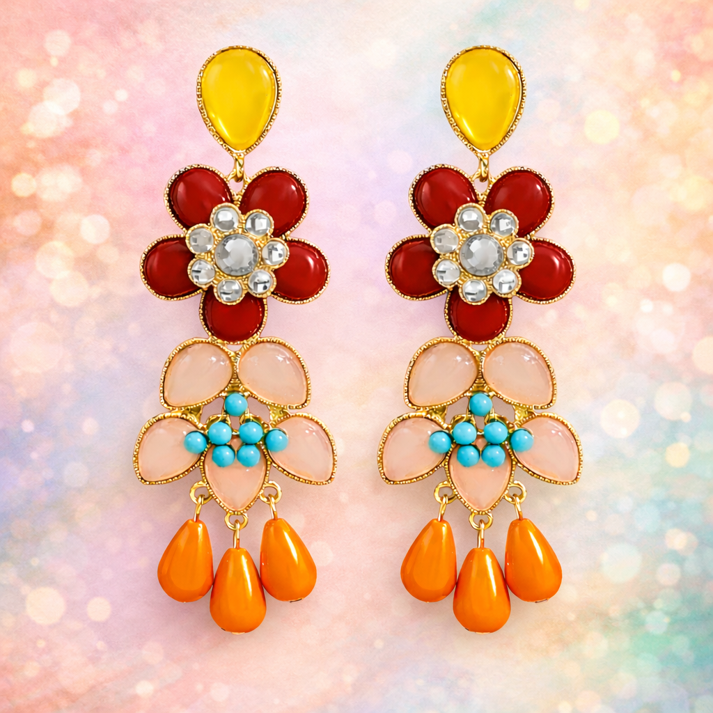 Multi Color Flower Teardrop Stones Gold Enamel Dangler Earrings Bulk