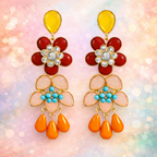 Multi Color Flower Teardrop Stones Gold Enamel Dangler Earrings Bulk