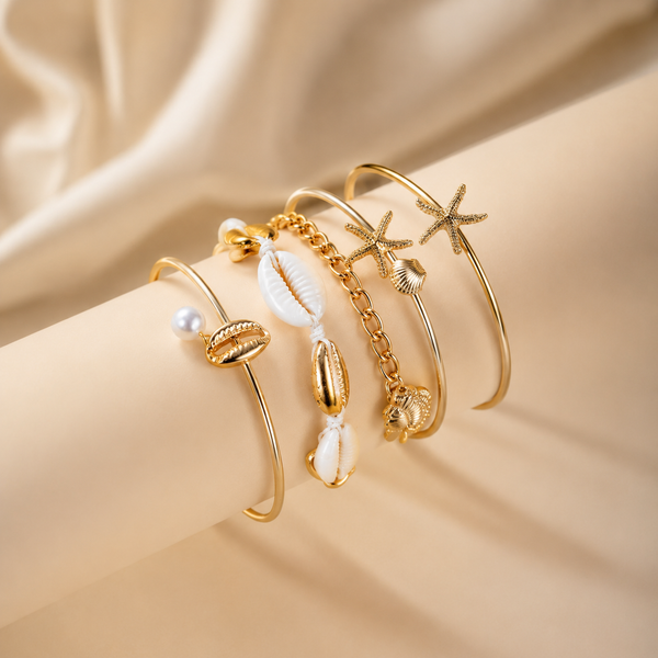 Minimal Beach Style Starfish & Cowrie Shell Gold Beads Bracelet Bulk Secondary image