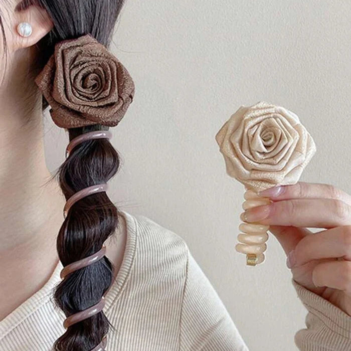 Brown White Rose Flower Spiral Hair Tie Fabric Hair Accessories Bulk