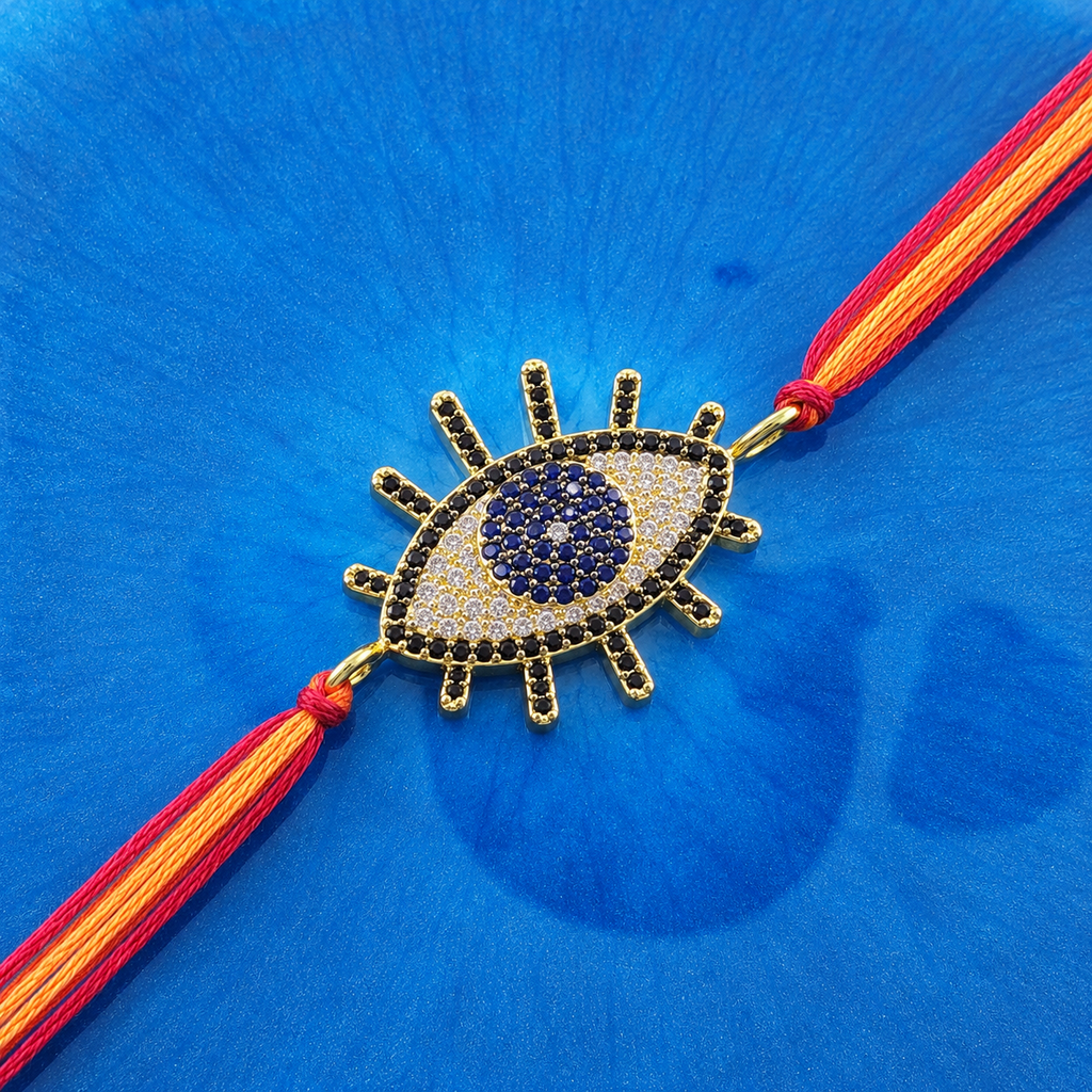 Designer Evil Eye Gold Plated CZ Red Orange Thread Rakhi For Men Bulk