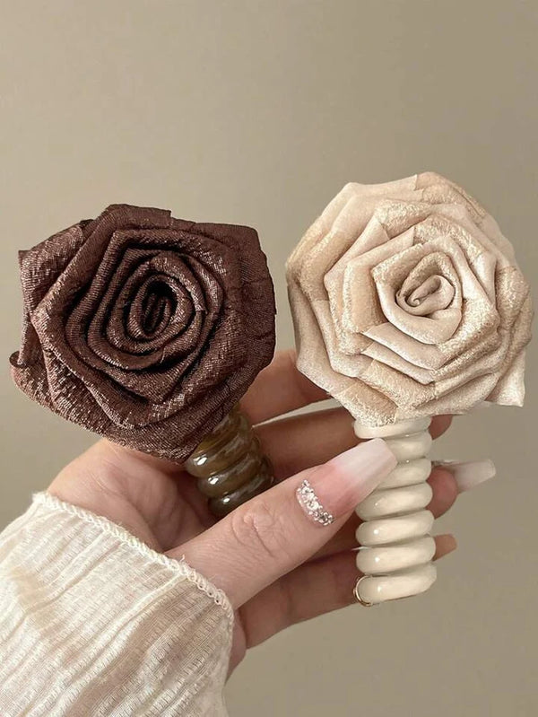Brown White Rose Flower Spiral Hair Tie Fabric Hair Accessories Bulk Main image
