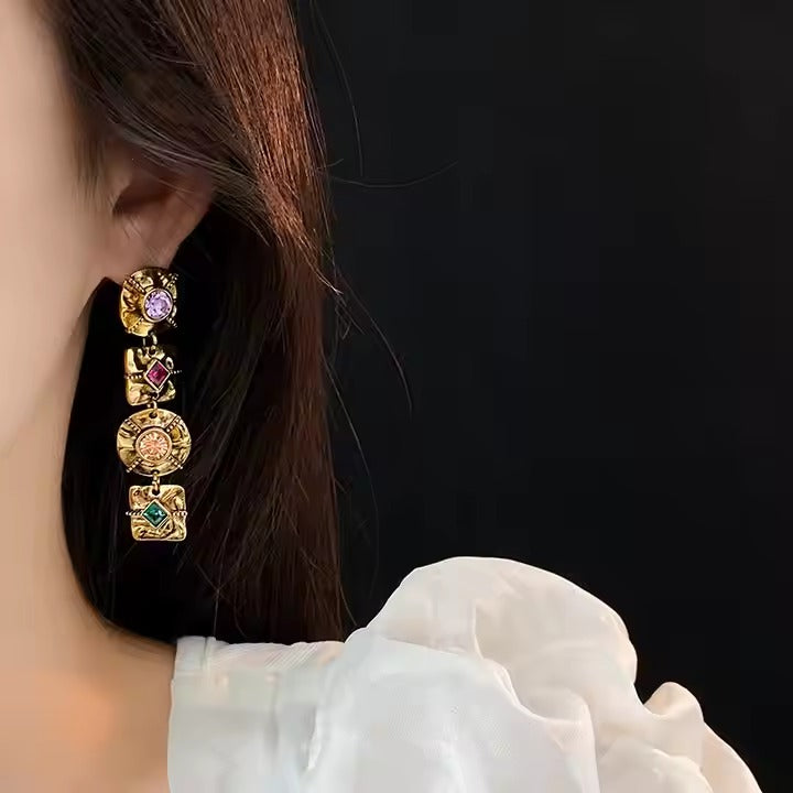 Square Round 18K Gold Cubic Zirconia Crytal Dangler Earring For Women Secondary image