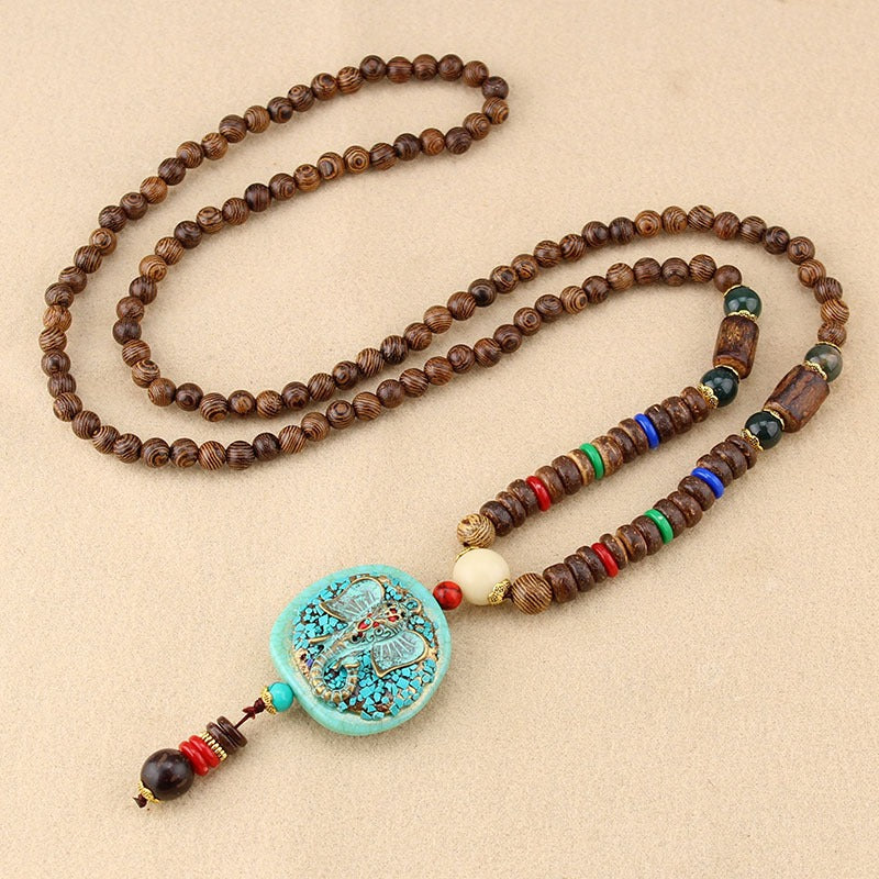Elephant Beads Wooden Brown Resin Long Necklace For Women Bulk