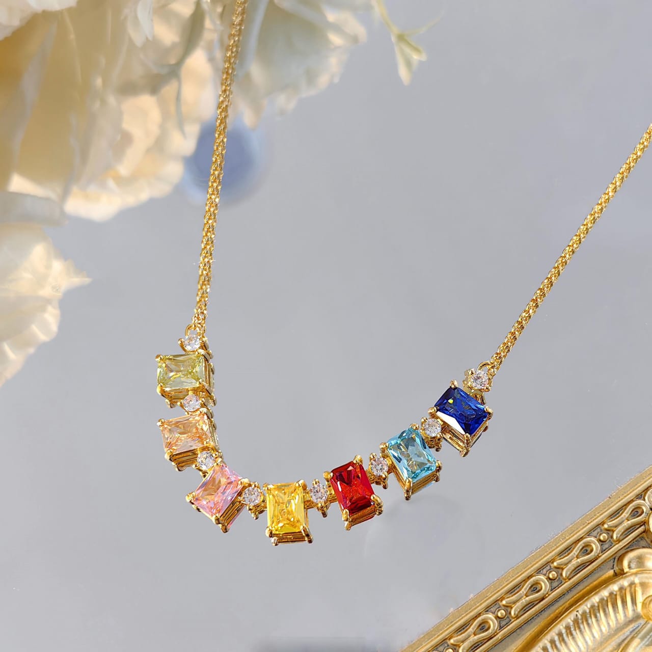Rectangle rainbow Multi Gemstone Solitaire Cubic Zirconia 18K Gold anti Tarnish Necklace for Women Secondary image