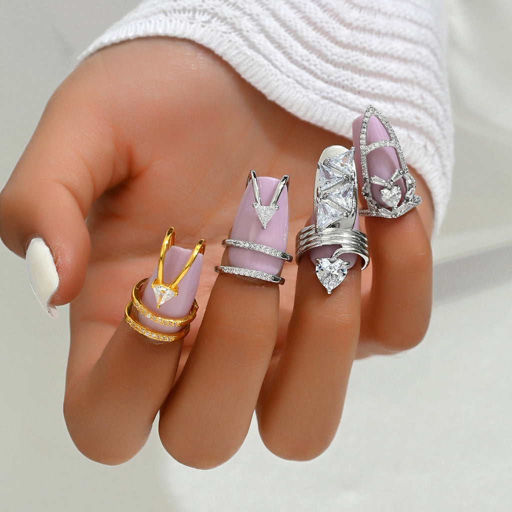 Silver Triangle CZ Anti Tarnish Exquisite Open Nail Ring Bulk