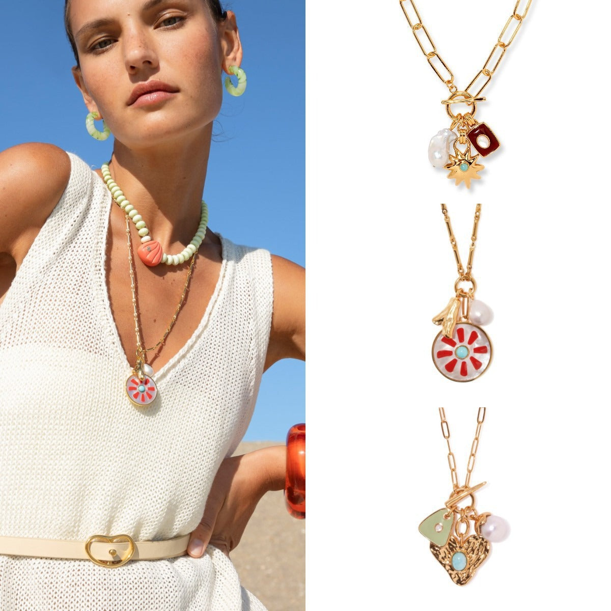 Round Wheel Gold Red Pearl Anti Tarnish Link Chain Necklace Bulk