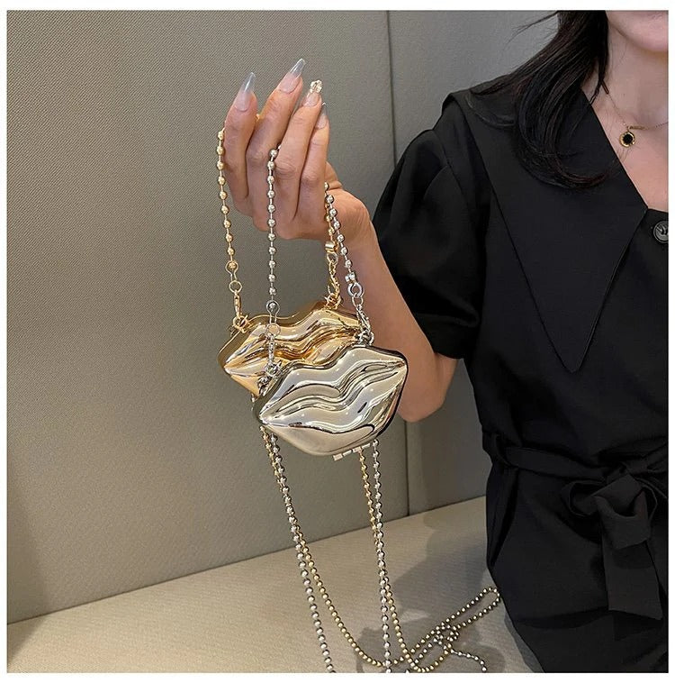 Glossy Bold Lips Gold Silver Ball Chain Shoulder Hand Bag Women Bulk