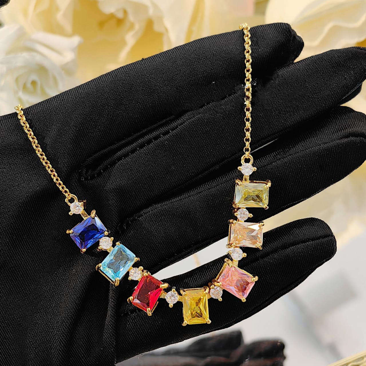 Rectangle rainbow Multi Gemstone Solitaire Cubic Zirconia 18K Gold anti Tarnish Necklace for Women Main image