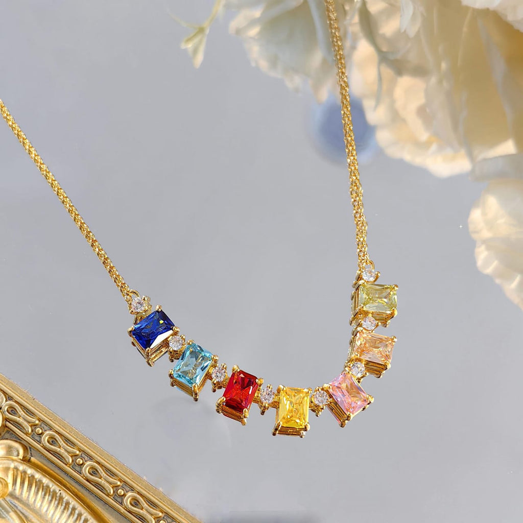 Rectangle rainbow Multi Gemstone Solitaire Cubic Zirconia 18K Gold anti Tarnish Necklace for Women
