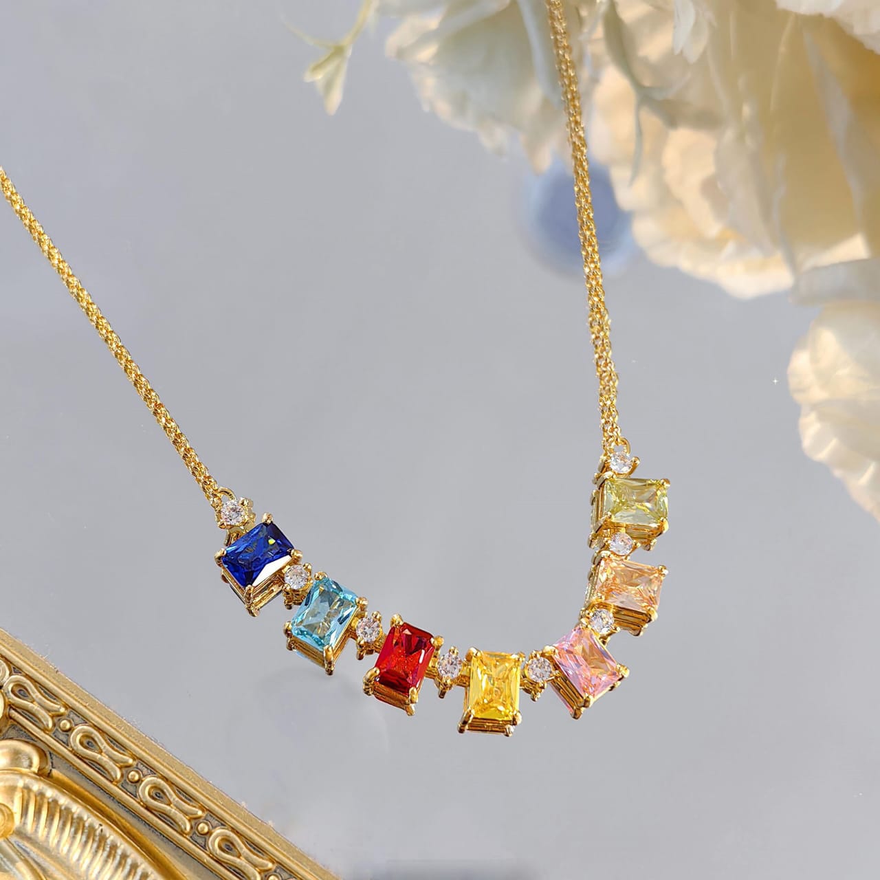 Rectangle rainbow Multi Gemstone Solitaire Cubic Zirconia 18K Gold anti Tarnish Necklace for Women
