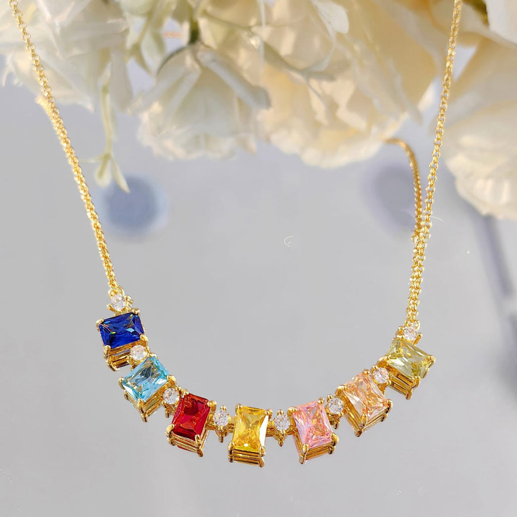 Rectangle rainbow Multi Gemstone Solitaire Cubic Zirconia 18K Gold anti Tarnish Necklace for Women