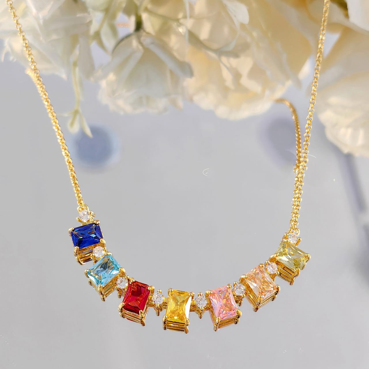 Rectangle rainbow Multi Gemstone Solitaire Cubic Zirconia 18K Gold anti Tarnish Necklace for Women