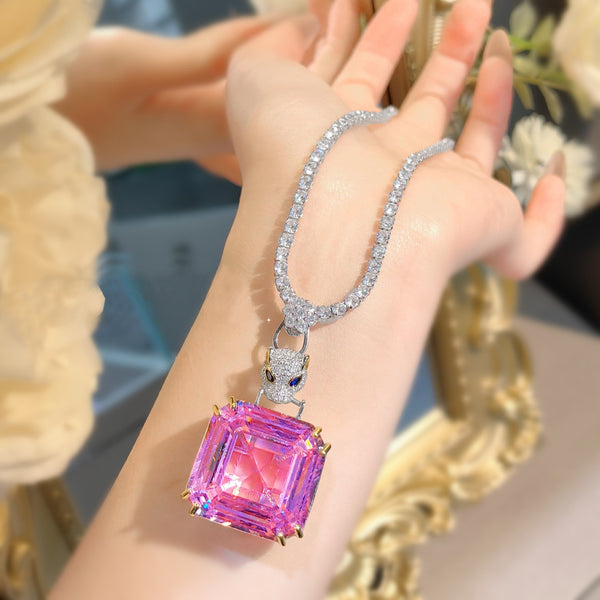 Panther Princess Cut Solitaire Pink Blue Yellow Silver Cubic Zirconia Anti Tarnish Necklace For Women Main image