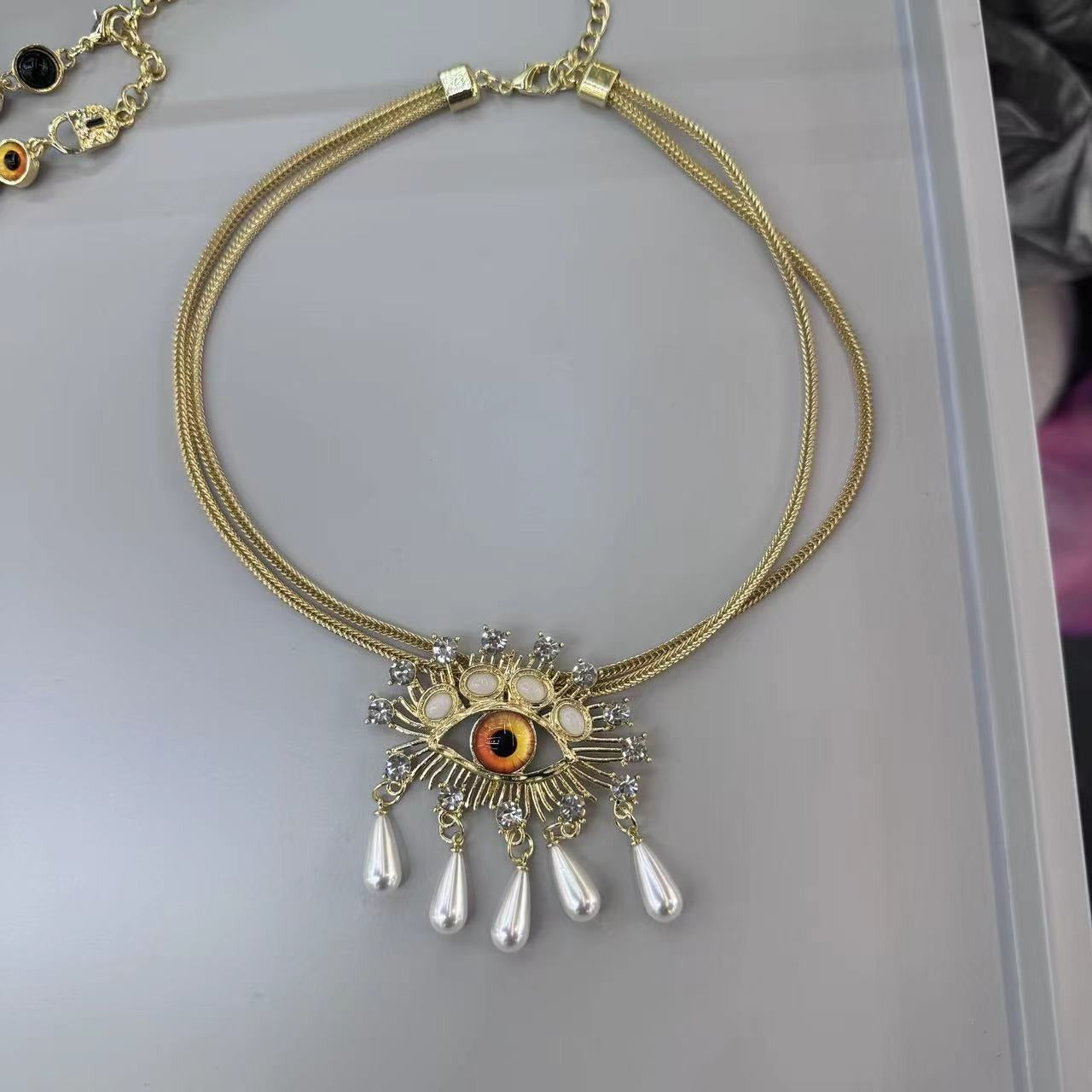 Evil Eye Blue Cubic Zirconia Pearl 18k Gold Anti Tarnish Snake Necklace Pendant Chain For Women Secondary image