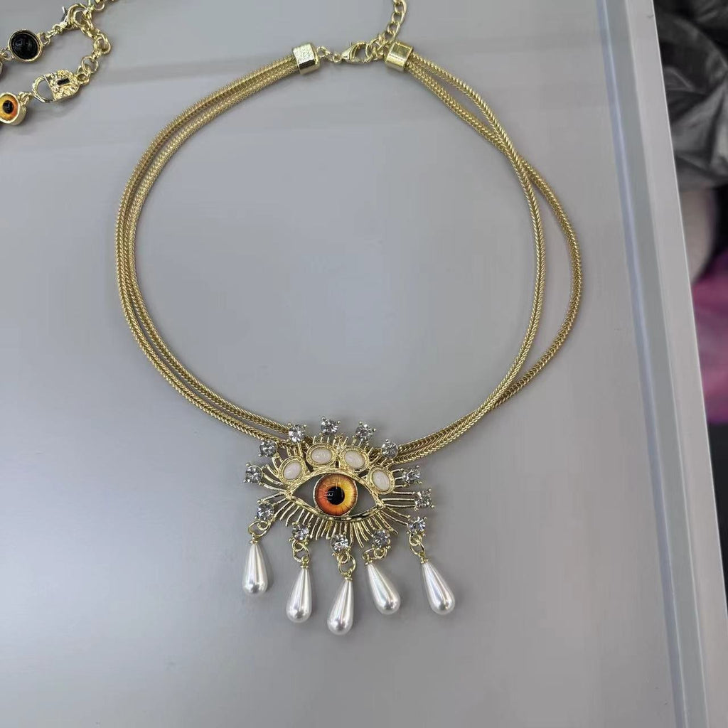 Evil Eye Blue Cubic Zirconia Pearl 18k Gold Anti Tarnish Snake Necklace Pendant Chain For Women