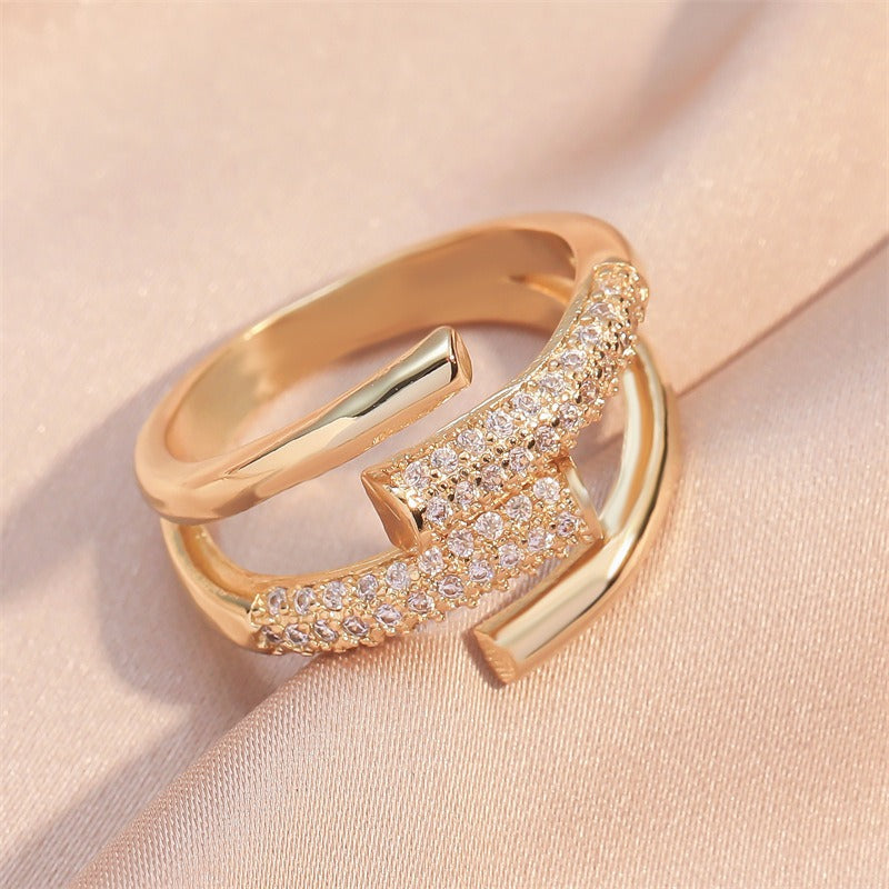 Cross Over CZ 18K Gold Plated Silver Anti Tarnish Free Size Ring Bulk Main image