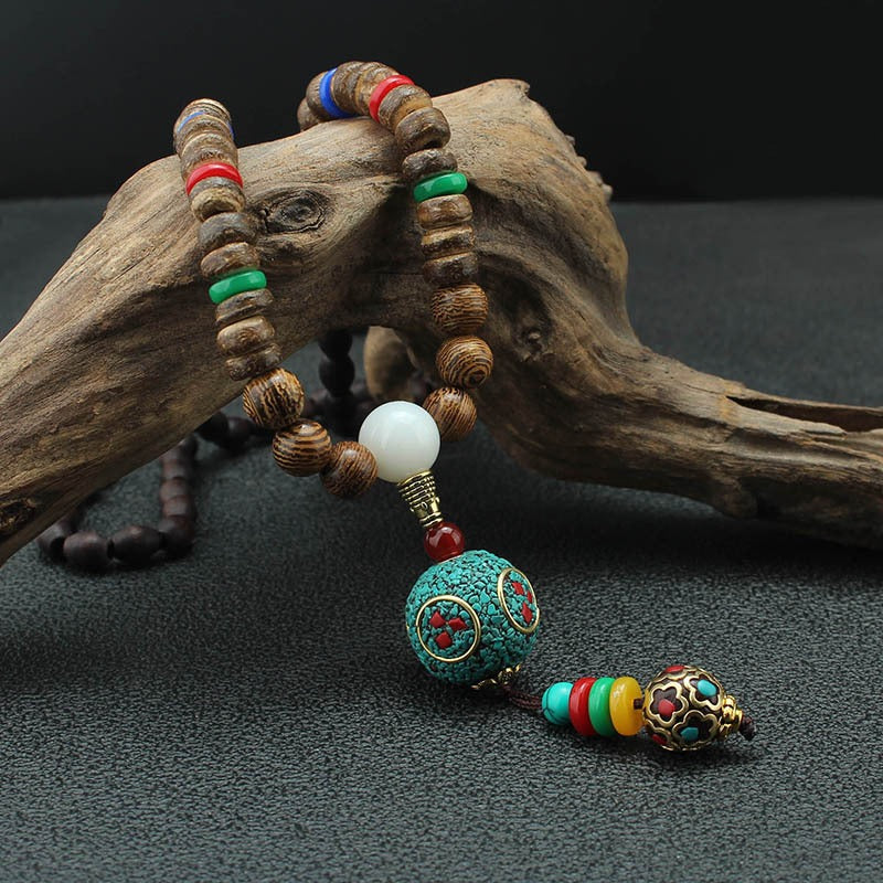 Round Beads Wooden Brown Resin Long Necklace For Women Bulk