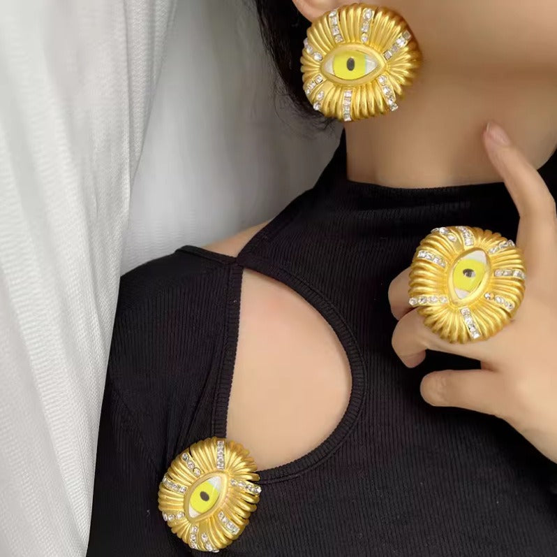 Wide Yellow Evil Eye Cubic Zirconia 18K Gold Stud Earring Women Bulk Secondary image