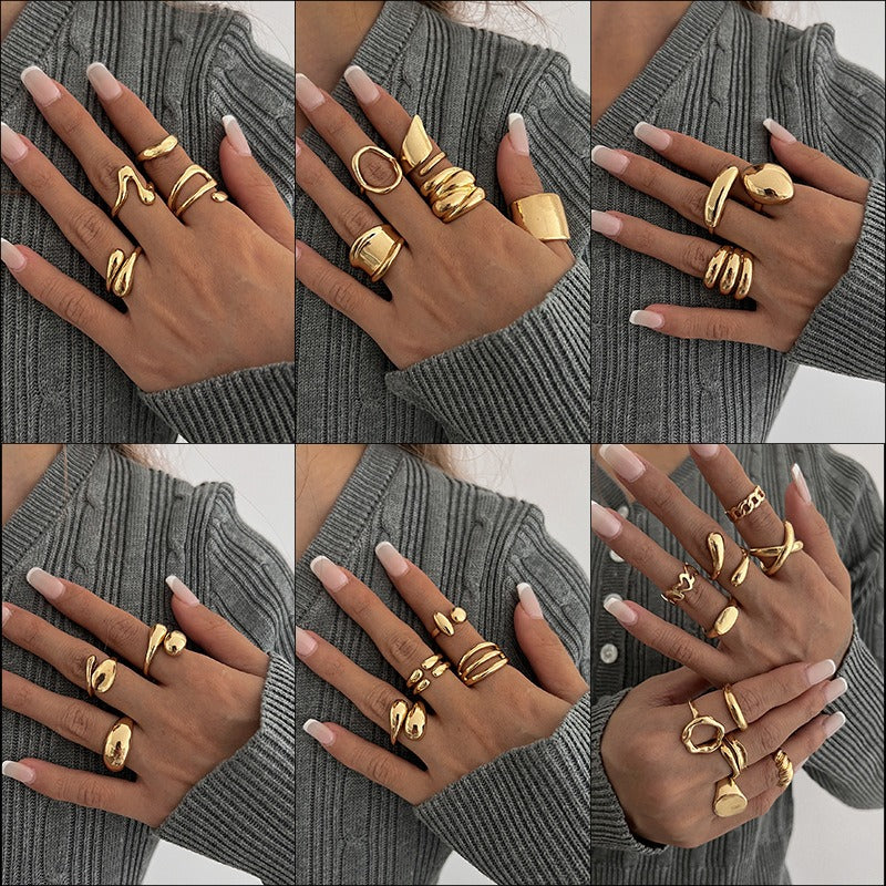 Glossy Geometric 18K Gold Anti Tarnish Pack Of 3 Free Size Ring Bulk
