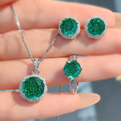 Rose Cut Dream Green Silver Anti Tarnish Pendant Ring Set Bulk Main image
