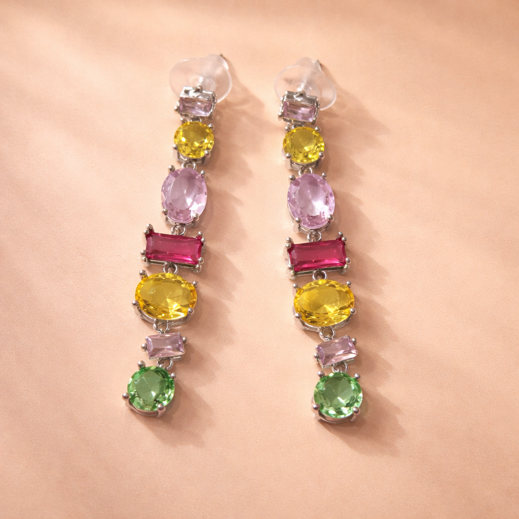 Bulk Multi Color Stone Vertical Bar Gold CZ Copper Dangler Earrings
