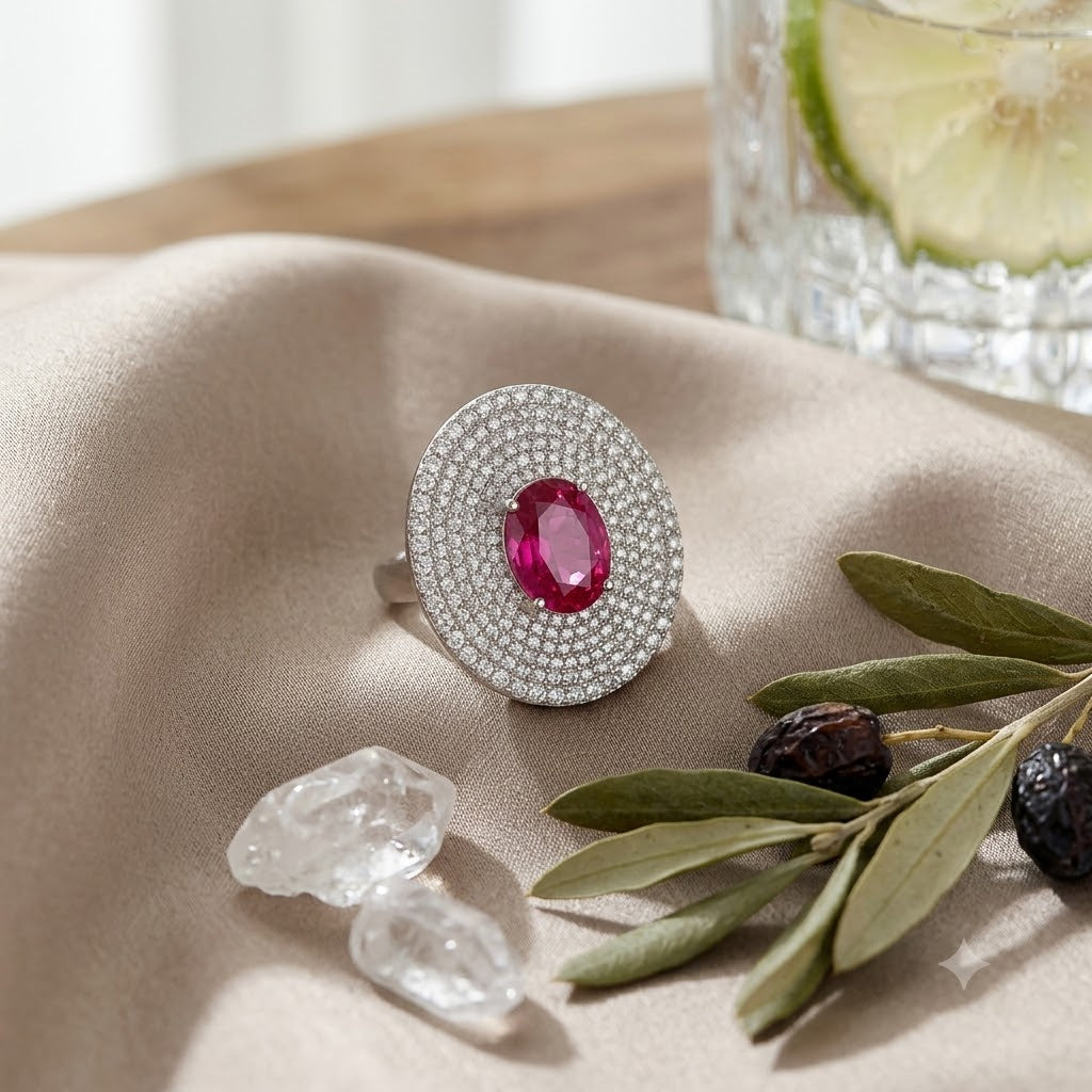 Ruby Pink Oval Silver Plated CZ Copper Anti Tarnish Cocktail Ring Bulk