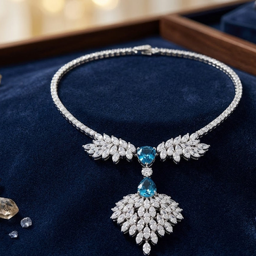 Luxury Silver Plated Blue Teardrop Floral CZ Copper Necklace Wholesale