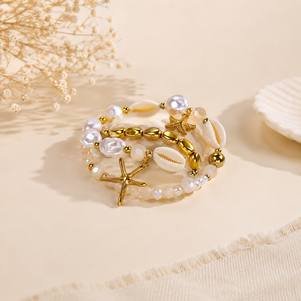 Designer Coastal White Shell Layered Gold Pearl Beads Bracelet Bulk