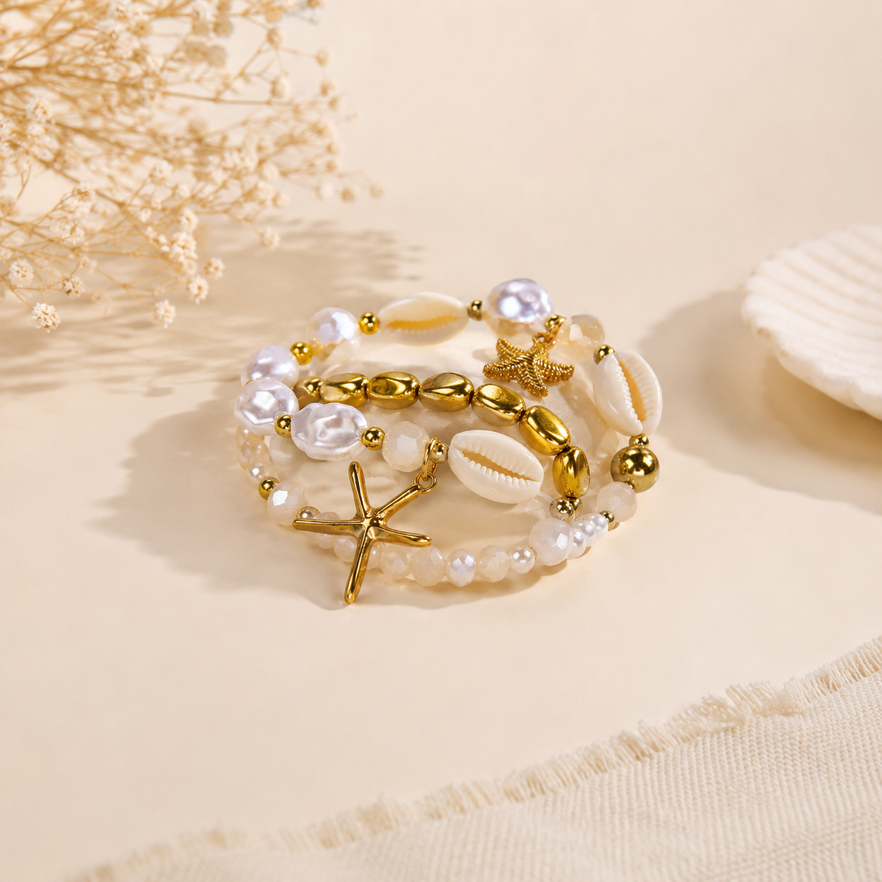 Designer Coastal White Shell Layered Gold Pearl Beads Bracelet Bulk