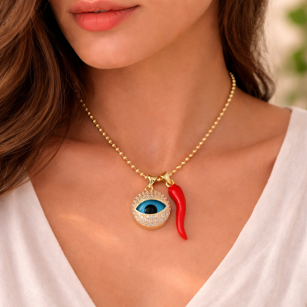 Blue Evil Eye Red Chili Charm Gold CZ Enamel Copper Pendant Chain Bulk Main image