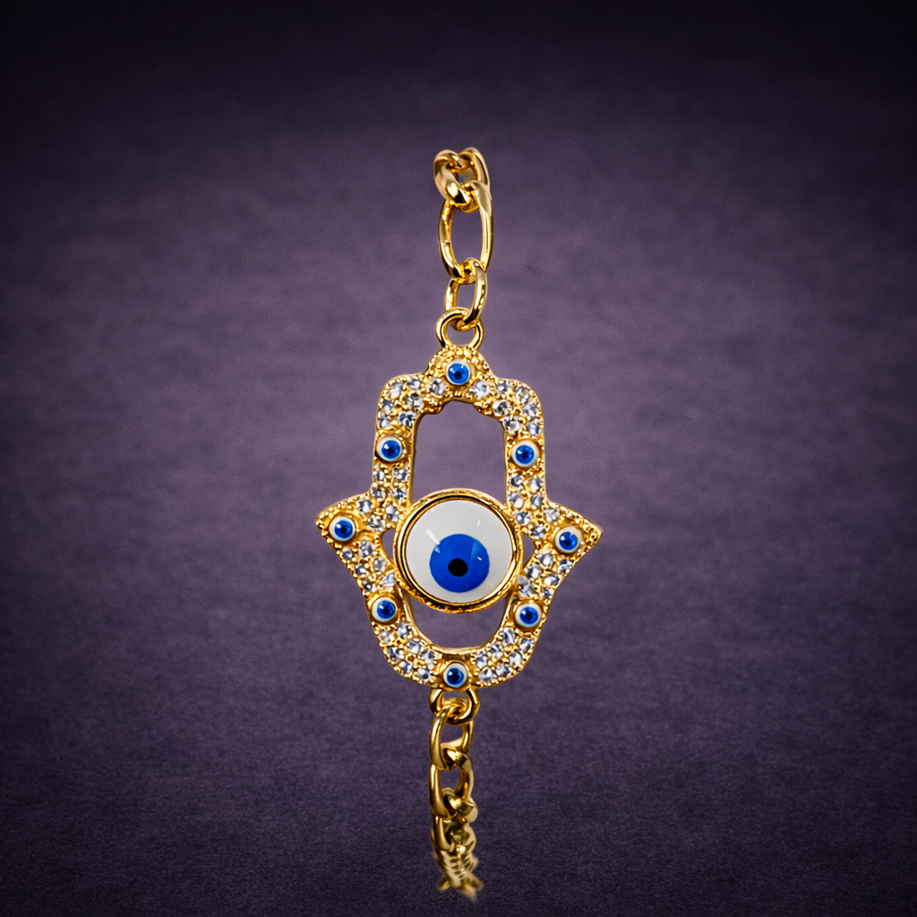 Bulk Blue White Hamsa Evil Eye Gold CZ Anti Tarnish Copper Bracelet