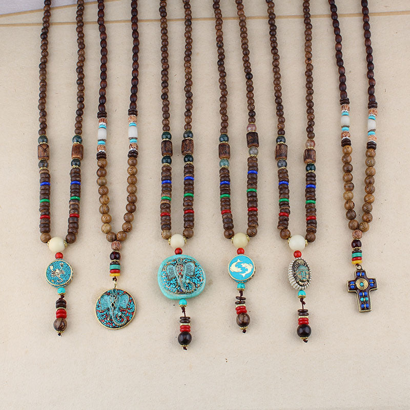 Elephant Beads Wooden Brown Resin Long Necklace For Women Bulk
