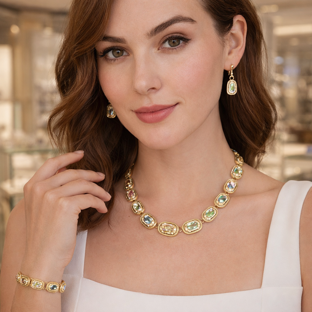 White Geometric Link Baguette Gold CZ Copper Necklace Combo Set Bulk Secondary image