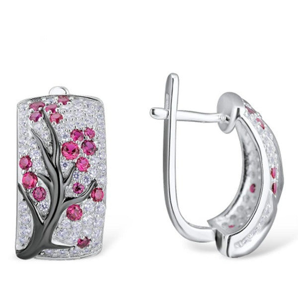 Floral Pink Silver Cubic Zirconia Anti Tarnish Hoop Stud Earring Bulk