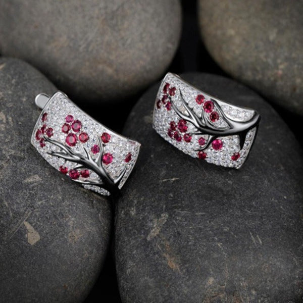 Floral Pink Silver Cubic Zirconia Anti Tarnish Hoop Stud Earring Bulk Main image
