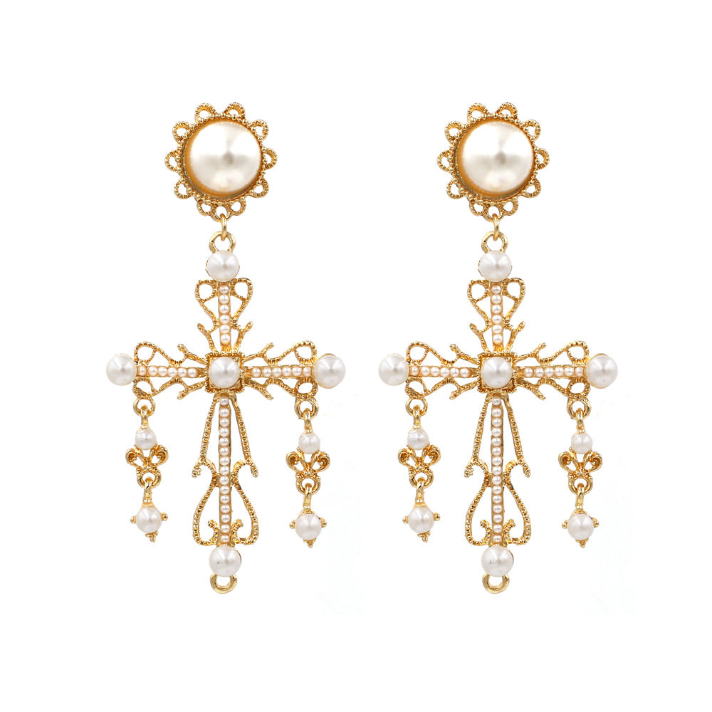 VIntage Gothic Cross 18K Gold White Pearl Anti Tarnish Dangler Earrings Bulk